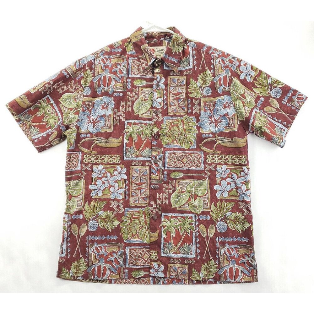 Vintage Hilo Hattie Shirt Mens Medium Red Green Hawaiian Tribal Cotton Button-Up